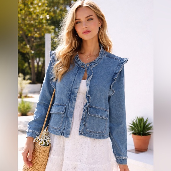 Feminine Ruffled Denim Jacket - Perfect for Spring! - Picture 1 of 3